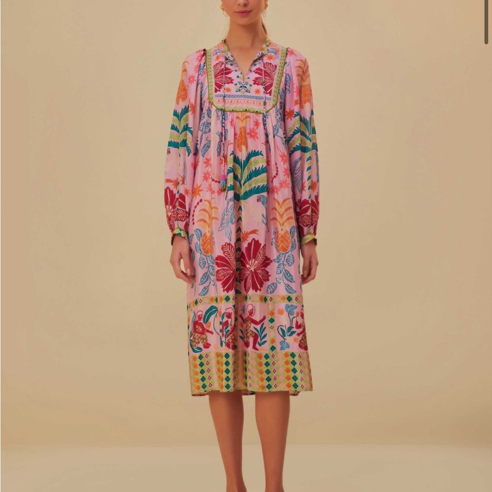 FARM Rio Queen Fruits Scarf Midi Dress, XL, Pink, 🍎 🍌 🍉